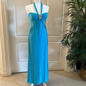 Turquoise Halter Evening Gown with rhinestones center Pin. Matte Jersey Fabric.